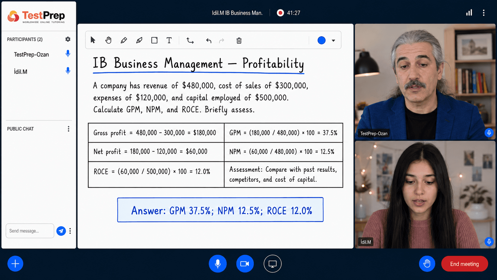 TestPrep online IB Business Management ders ve soru çözüm ekranı