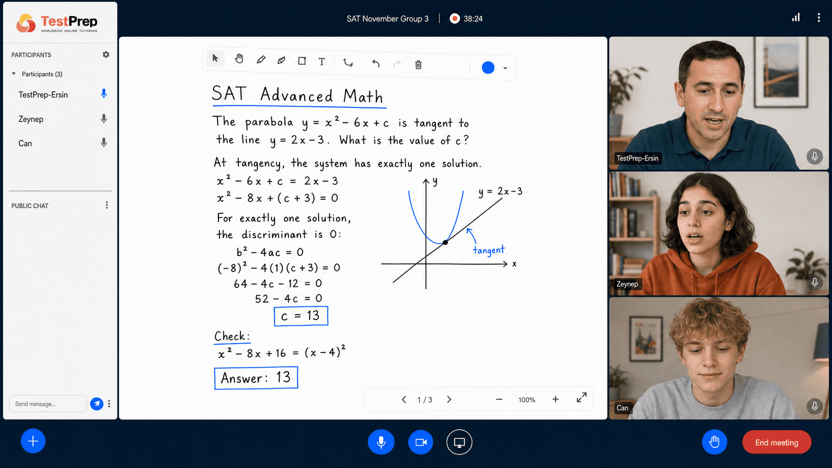 Canlı ders ekranı: SAT Advanced Math sorusunun beyaz tahtada adım adım çözümü, cevap kutu içine alınmış